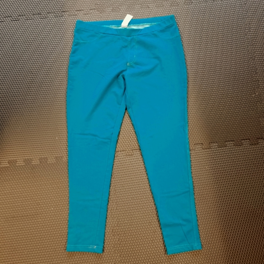 Teal stretchy leggings with jean like stitching XL